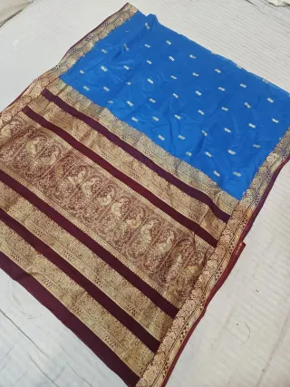 Cyan Blue Soft Silk Madurai Replica Saree with Contrast Wine Peacock Motif Zari Pallu