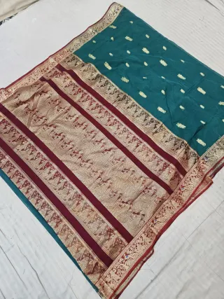 Peacock Teal Soft Silk Madurai Replica Saree with Contrast Maroon Royal Elephant Zari Pallu