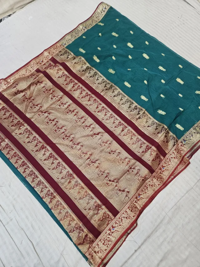 Peacock Teal Soft Silk Madurai Replica Saree with Contrast Maroon Royal Elephant Zari Pallu