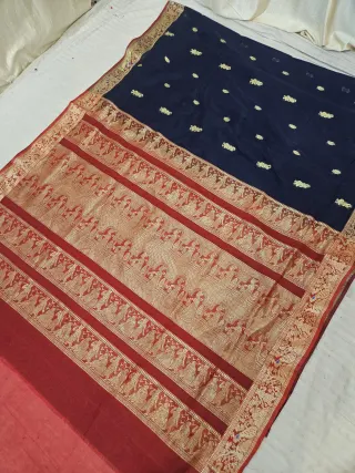 Midnight Navy Blue Soft Silk Madurai Replica Saree with Contrast Crimson Red Royal Elephant Zari Pallu