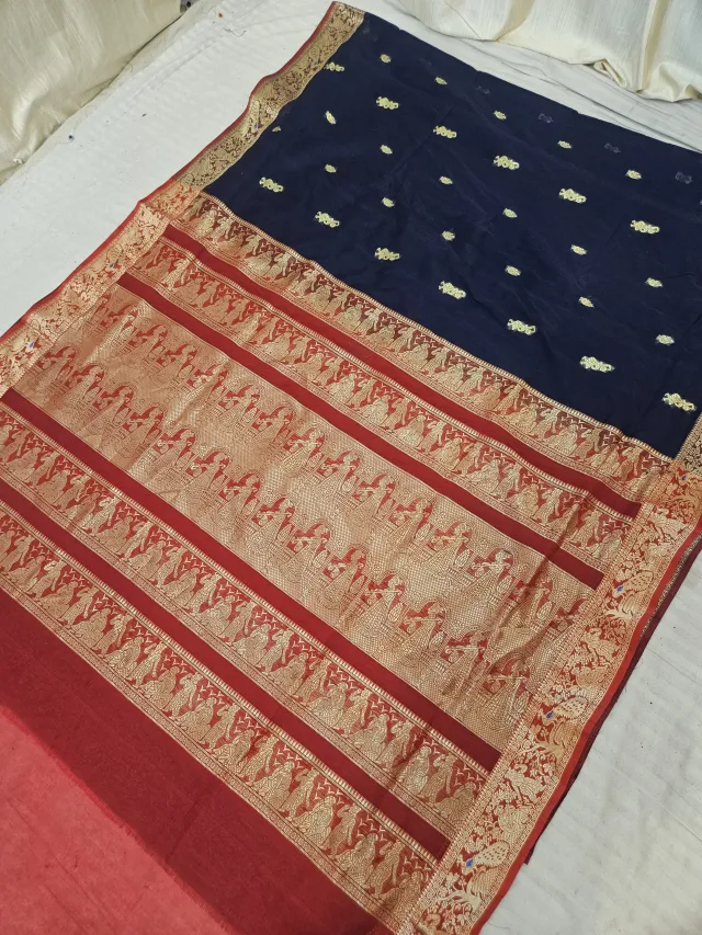Midnight Navy Blue Soft Silk Madurai Replica Saree with Contrast Crimson Red Royal Elephant Zari Pallu