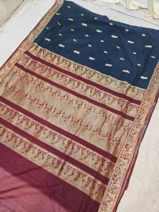 Midnight Navy Blue Soft Silk Madurai Replica Saree with Contrast Maroon Royal Elephant Zari Pallu