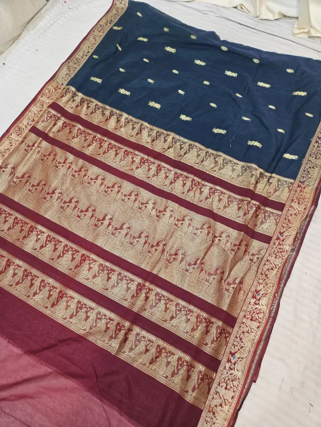 Midnight Navy Blue Soft Silk Madurai Replica Saree with Contrast Maroon Royal Elephant Zari Pallu