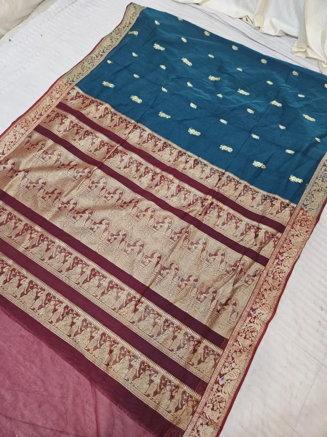 Peacock Blue Soft Silk Madurai Replica Saree with Contrast Maroon Royal Elephant Zari Pallu