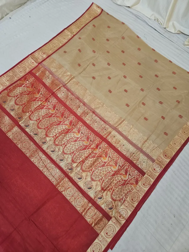 Fawn Beige Soft Silk Madurai Replica Saree with Contrast Red Peacock Motif Zari Pallu