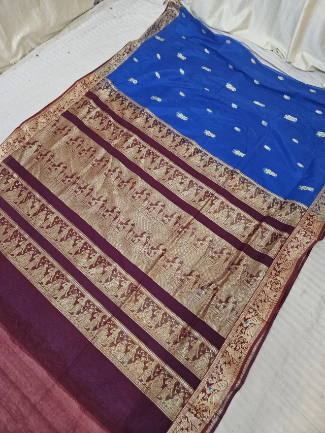 Royal Blue Soft Silk Madurai Replica Saree with Contrast Maroon Wine Royal Elephant Zari Pallu