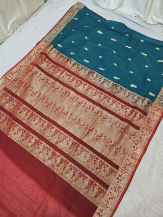 Peacock Teal Soft Silk Madurai Replica Saree with Contrast Red Royal Elephant Zari Pallu