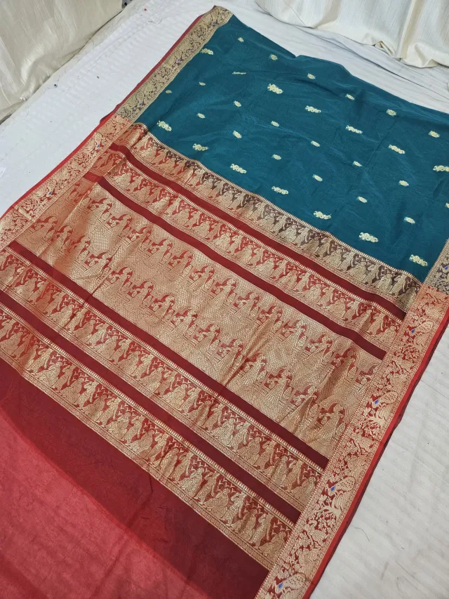 Peacock Teal Soft Silk Madurai Replica Saree with Contrast Red Royal Elephant Zari Pallu