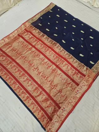 Midnight Navy Blue Soft Silk Madurai Replica Saree with Contrast Red Royal Elephant Zari Pallu