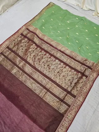 Pista Green Soft Silk Madurai Replica Saree with Contrast Wine Peacock Motif Zari Pallu