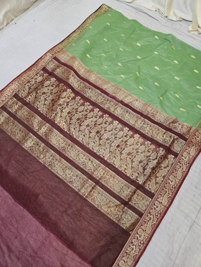 Pista Green Soft Silk Madurai Replica Saree with Contrast Wine Peacock Motif Zari Pallu