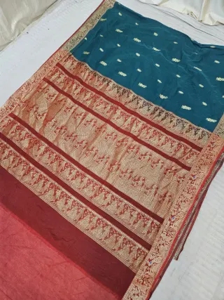 Peacock Teal Soft Silk Madurai Replica Saree with Contrast Red Royal Elephant Zari Pallu