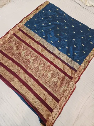 Peacock Blue Soft Silk Madurai Replica Saree with Contrast Wine Peacock Motif Zari Pallu