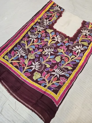 Off-White Pure Bishnupur Silk Saree with Contrast Maroon Multi-Color Floral Batik Print