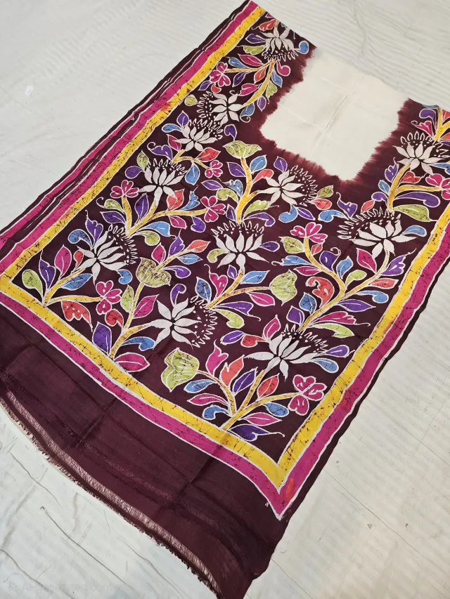Off-White Pure Bishnupur Silk Saree with Contrast Maroon Multi-Color Floral Batik Print