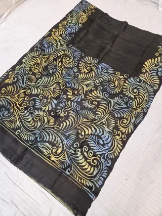 Jet Black Pure Bishnupur Silk Saree with Handcrafted Paisley Plume Batik Print
