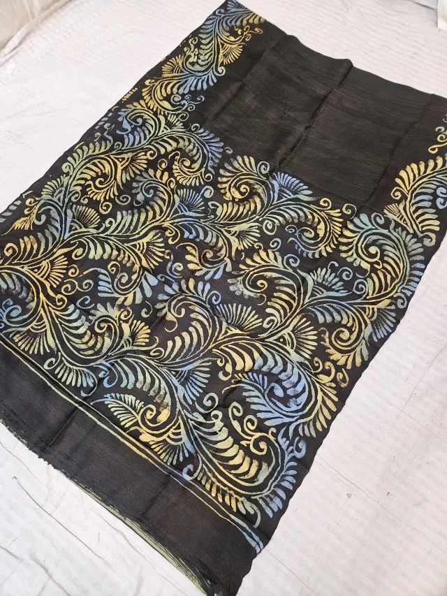 Jet Black Pure Bishnupur Silk Saree with Handcrafted Paisley Plume Batik Print
