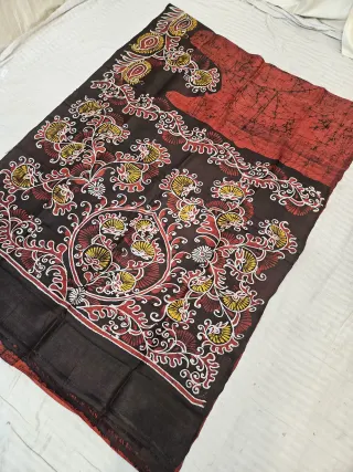 Brick Red Pure Bishnupur Silk Saree with Contrast Black Floral Tree Batik Print