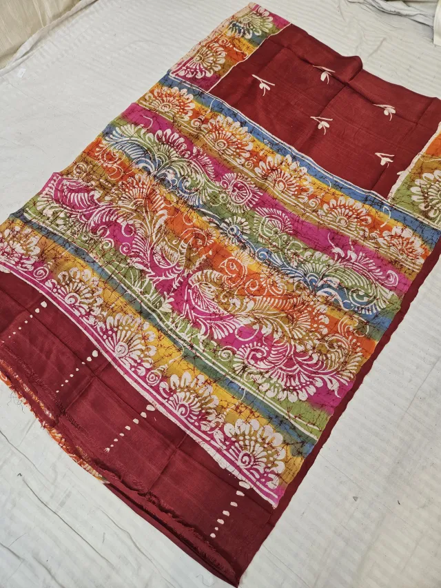 Deep Maroon Pure Bishnupur Silk Saree with Multi-Color Peacock & Floral Batik Print