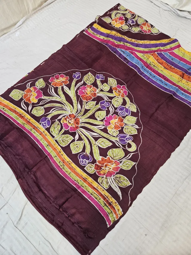 Deep Wine Pure Bishnupur Silk Saree with Handcrafted Floral Bouquet Tree Batik Print