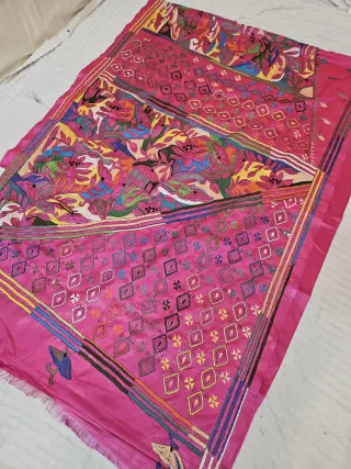 Hot Pink Blended Bangalore Silk Reverse Kantha Stitch Floral and Geometric Pallu Saree