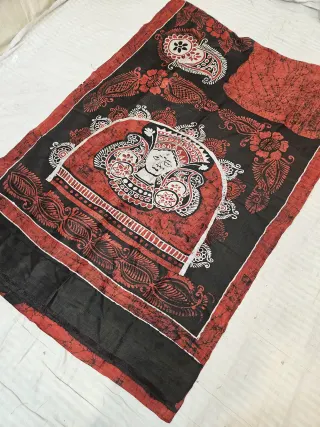 Rust Red Pure Bishnupur Silk Saree with Contrast Black Royal Queen Face Motif Batik Print