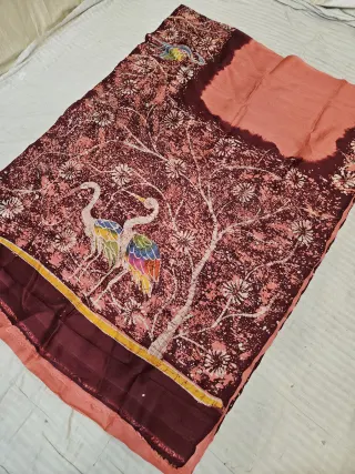 Peach Pink Pure Bishnupur Silk Saree with Contrast Maroon Crane & Flowering Tree Batik Print