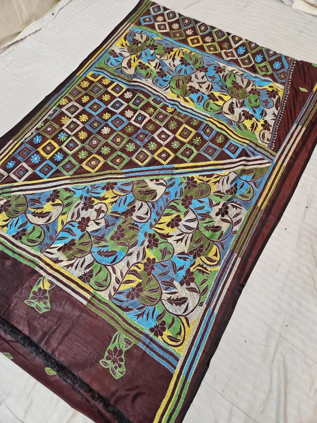 Chocolate Brown Blended Bangalore Silk Reverse Kantha Stitch Floral and Geometric Pallu Saree