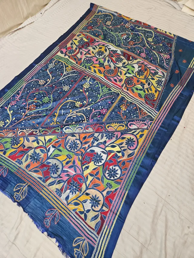 Krishna Blue Blended Bangalore Silk Reverse Kantha Stitch Tree of Life Floral Pallu Saree
