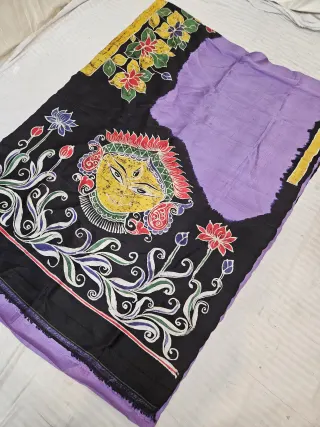 Lavender Pure Bishnupur Silk Saree with Contrast Black Maa Durga Face Motif Batik Print