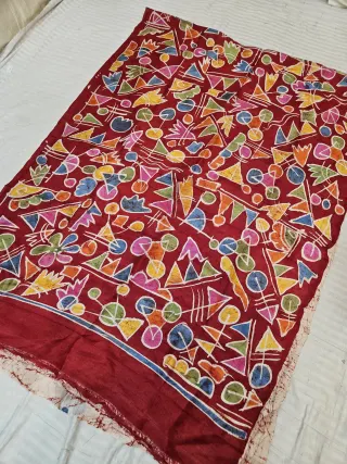 Deep Maroon Pure Bishnupur Silk Saree with Handcrafted Multi-Color Abstract Geometric Batik Print