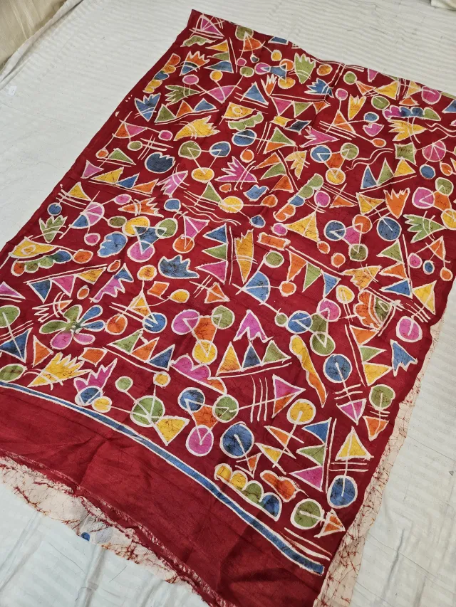 Deep Maroon Pure Bishnupur Silk Saree with Handcrafted Multi-Color Abstract Geometric Batik Print