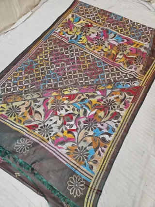 Sea Green Dual Tone with Wine Blended Bangalore Silk Reverse Kantha Stitch Floral and Geometric Pallu Saree