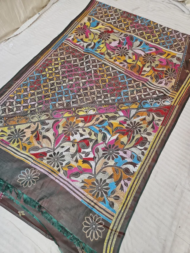 Sea Green Dual Tone with Wine Blended Bangalore Silk Reverse Kantha Stitch Floral and Geometric Pallu Saree
