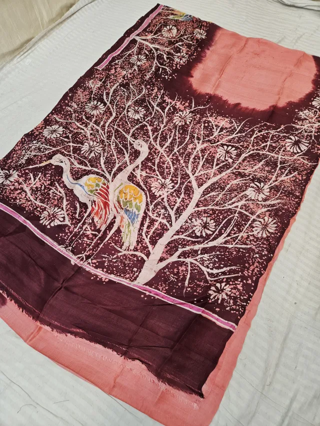 Peach Pink Pure Bishnupur Silk Saree with Contrast Maroon Crane & Flowering Tree Batik Print