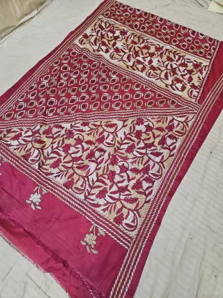 Rani Pink Blended Bangalore Silk Reverse Kantha Stitch Floral and Geometric Pallu Saree