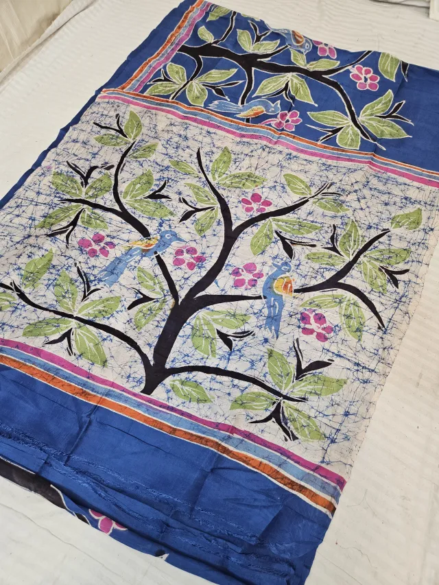 Royal Blue Pure Bishnupur Silk Saree with Contrast Ivory Birds on Tree Batik Print