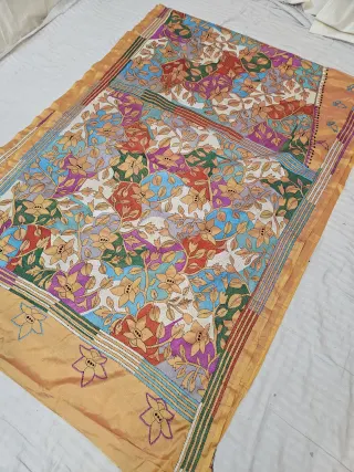 Mustard Yellow Blended Bangalore Silk Reverse Kantha Stitch Floral Pallu Saree
