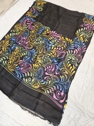 Jet Black Pure Bishnupur Silk Saree with Multi-Color Paisley Plume Batik Print