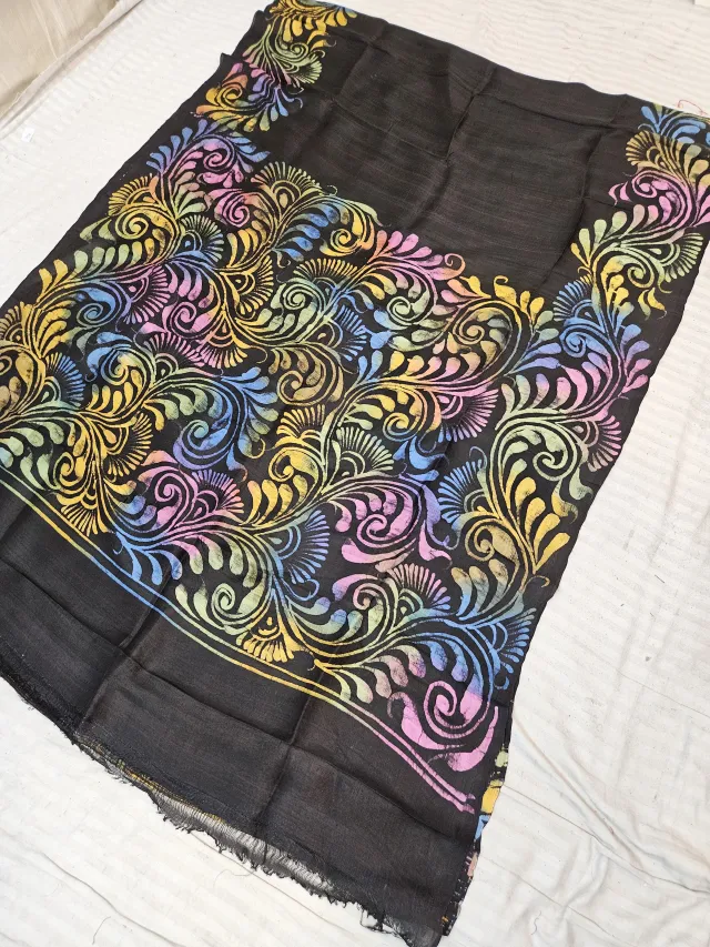 Jet Black Pure Bishnupur Silk Saree with Multi-Color Paisley Plume Batik Print