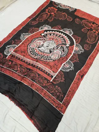 Jet Black Pure Bishnupur Silk Saree with Contrast Red Royal Queen Face Motif Batik Print
