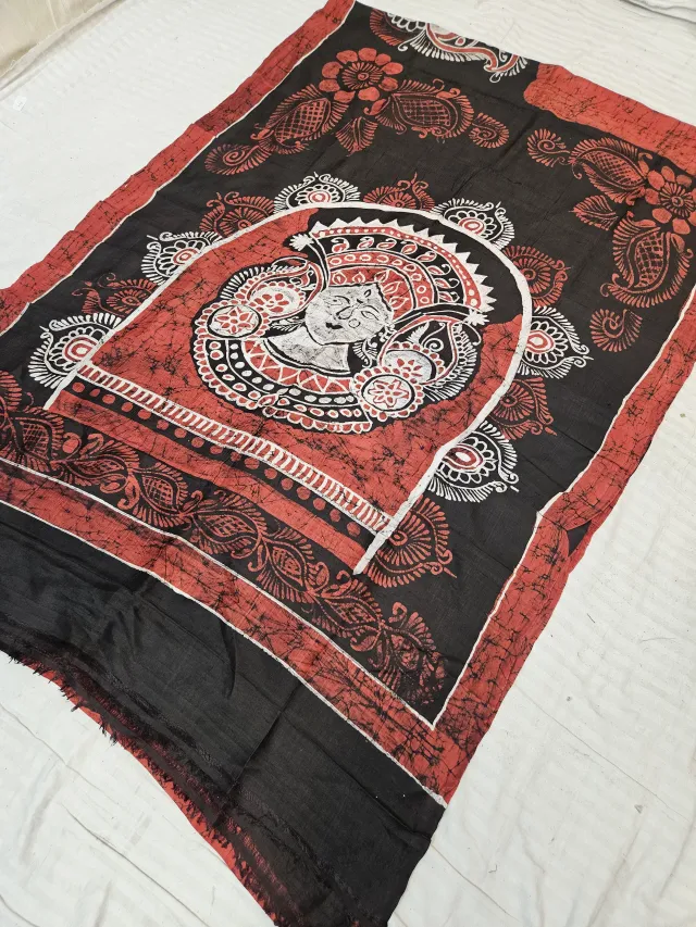 Jet Black Pure Bishnupur Silk Saree with Contrast Red Royal Queen Face Motif Batik Print
