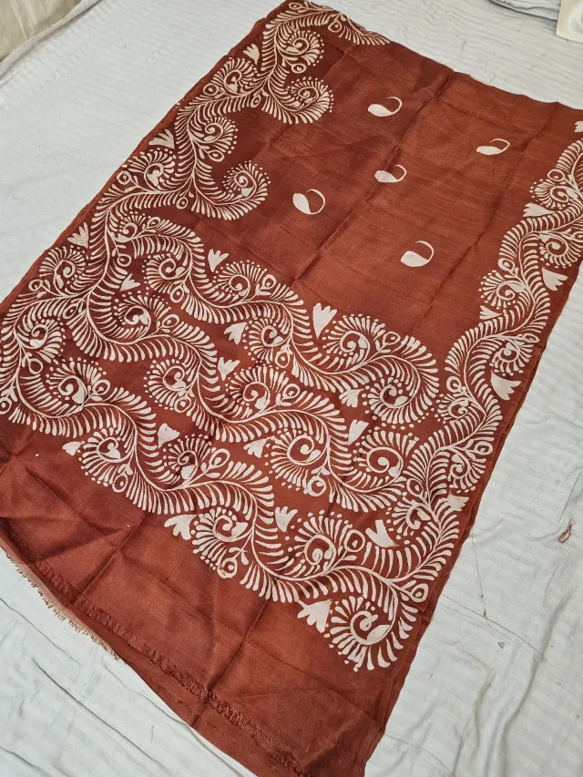 Rust Terracotta Pure Bishnupur Silk Saree with Handcrafted Paisley Plume Batik Print