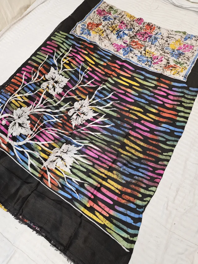 Jet Black Pure Bishnupur Silk Saree with Multi-Color Rainbow Dash & Tree Motif Batik Print