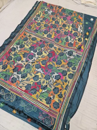 Sea Green Blended Bangalore Silk Reverse Kantha Stitch Rose Floral Pallu Saree