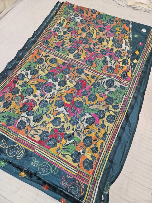 Sea Green Blended Bangalore Silk Reverse Kantha Stitch Rose Floral Pallu Saree
