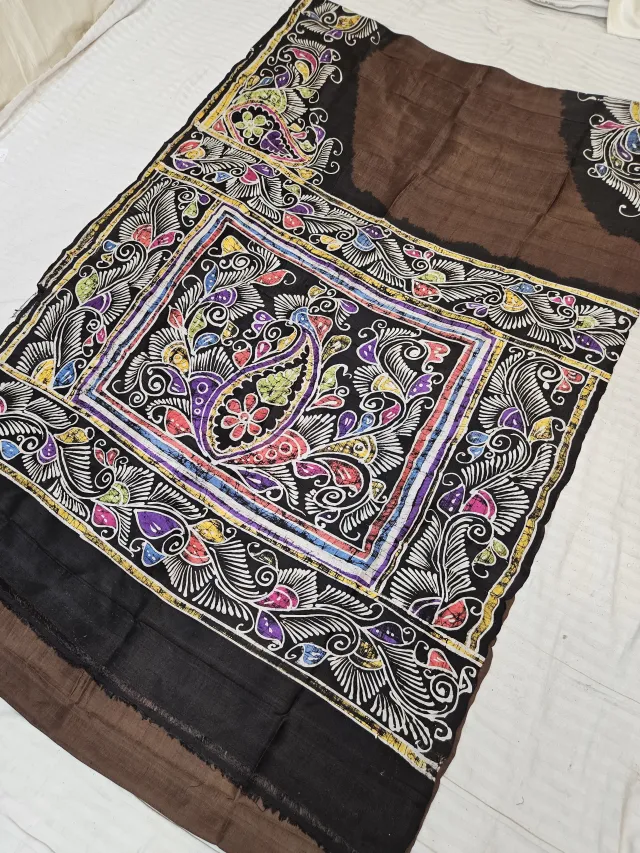 Deep Brown Pure Bishnupur Silk Saree with Contrast Black Multi-Color Paisley Kalka Batik Print