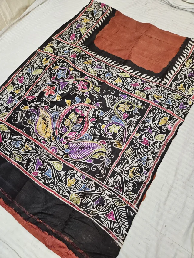 Rust Terracotta Pure Bishnupur Silk Saree with Contrast Black Multi-Color Paisley Kalka Batik Print