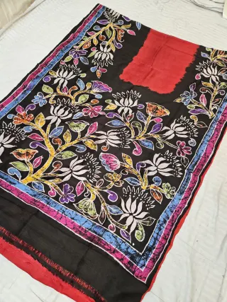 Crimson Red Pure Bishnupur Silk Saree with Contrast Black Multi-Color Floral Lotus Batik Print