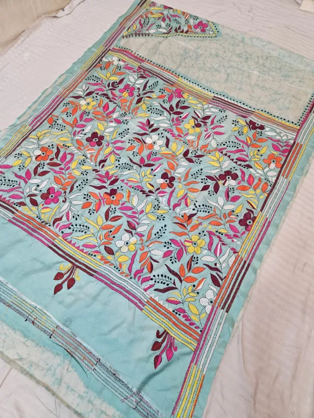 Off White and Cyan Blended Bangalore Silk Batik Kantha Stitch Floral Pallu Saree